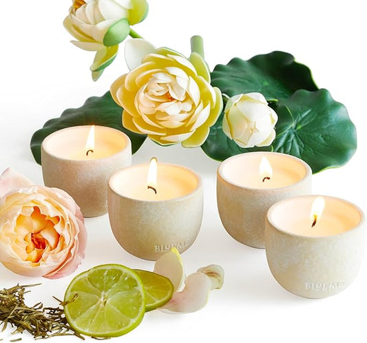 BLUEME Balance-White Lotus & Tea, Focus-Eucalyptus & Lime, Nostalgia-Bergamot & Musk, Calm-Osmanthus & Sandalwood, 4pk Wellness Travel Candle Votive, Sustainable, Contains Essential Oil, Soy-Wax Blend