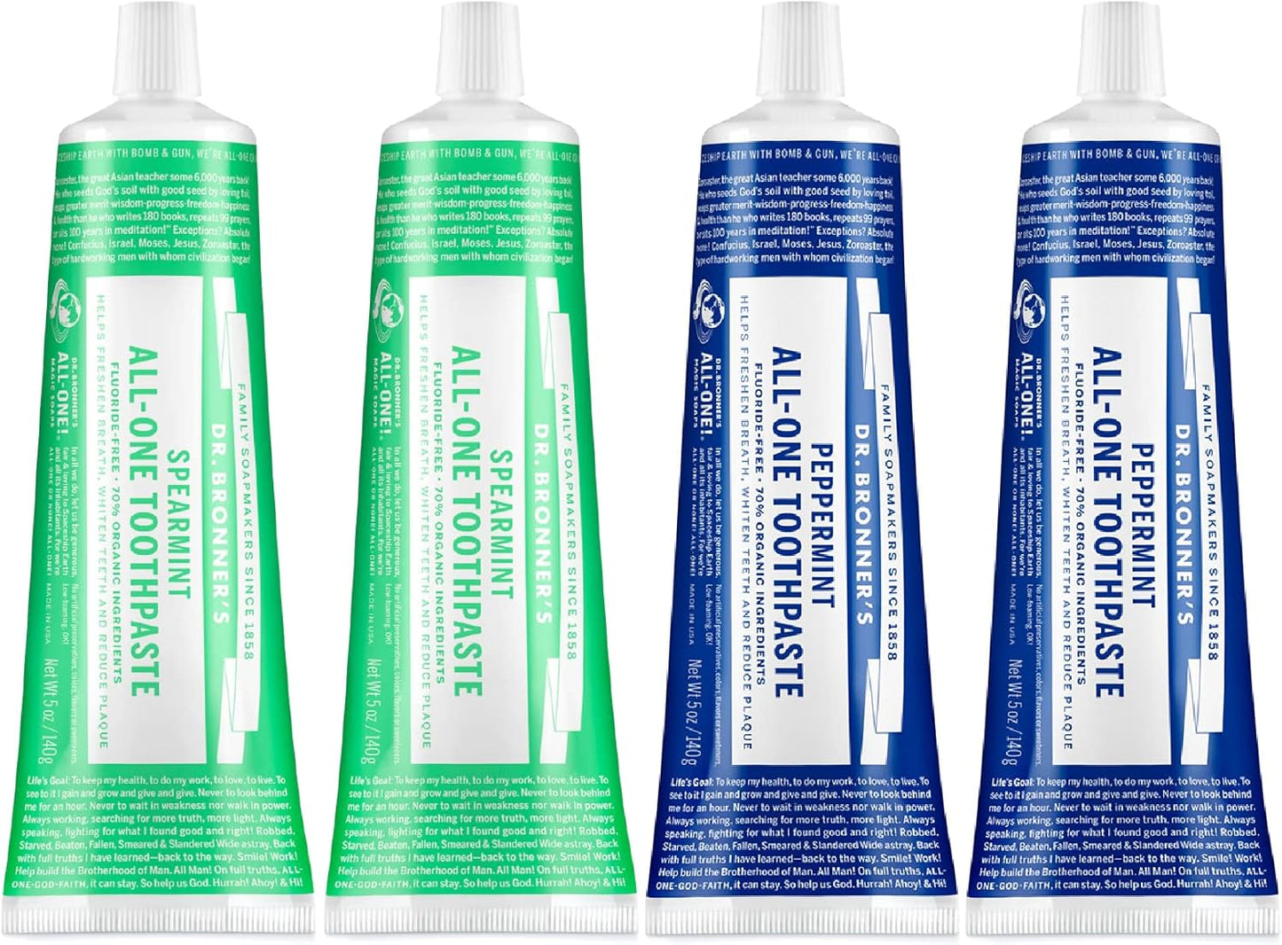 Dr. Bronner’s - All-One Toothpaste Variety Pack - Peppermint & Spearmint, 70% Organic Ingredients, Fluoride-Free, Helps Freshen Breath, Vegan (5oz, 4-Pack)