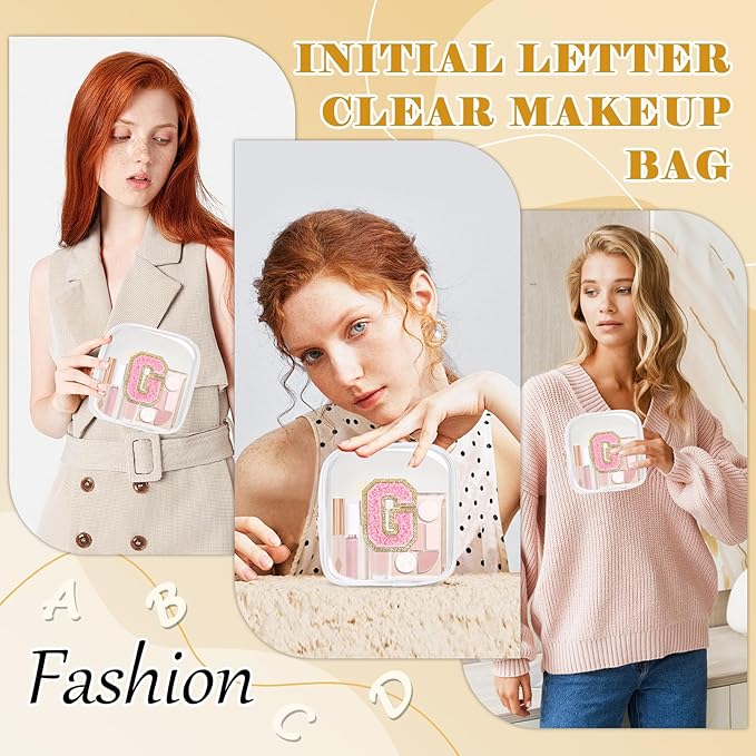 Personalized Initial Letter Clear Preppy Makeup Bag,Mini Nylon Chenille Letter Cosmetic Bag Cute Zipper Pouch Purse for Teen Girls,Portable TSA Approved Beach Travel Essentials Bag Gift for Women,G