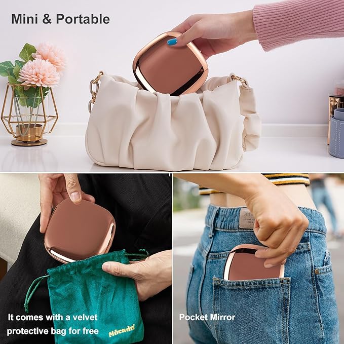 Mocado Compact LED Travel Makeup Mirror - 4 Inches 1X/10X Magnification Travel Mirror with Light Dimmable Double Sides Lighted USB Rechargeable Compact Mirror for Purse,Pocket,Travel(Rose Gold)