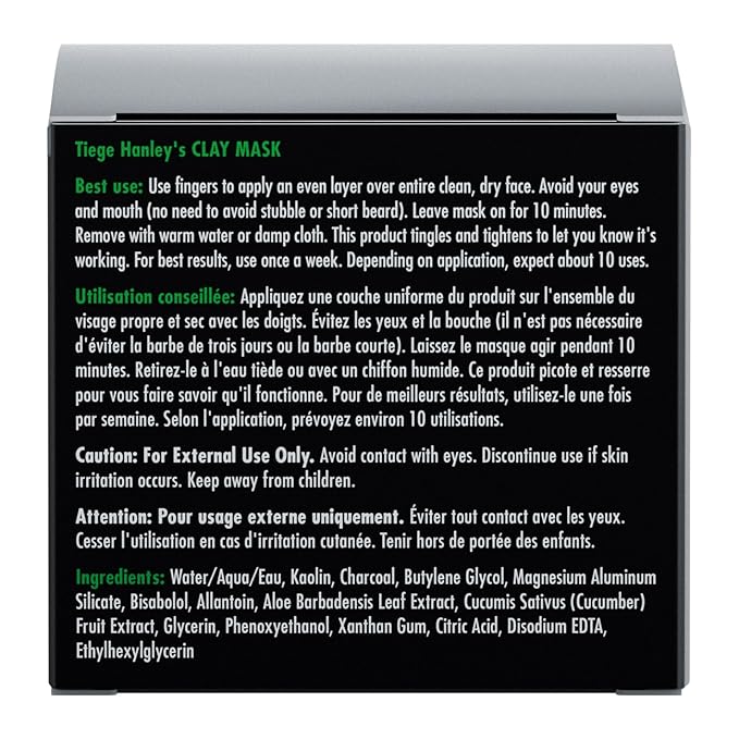 Tiege Hanley Detoxifying Facial Clay Mask for Men, Deep Pore Cleansing Charcoal Face Mask With Natural Kaolin Clay and Aloe, Absorbs Oil & Reduces Appearance of Pores, Men’s Skin Care, 2 Oz