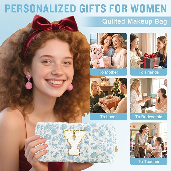 Personalized Quilted Cosmetic Bag, Puffy Monogrammed Christmas Birthday Gifts for Women & Girls, Cute initial Floral Makeup Bag Puffer Coquette Bag, Aesthetic Travel Toiletry Zipper Pouch(Blue,Y)