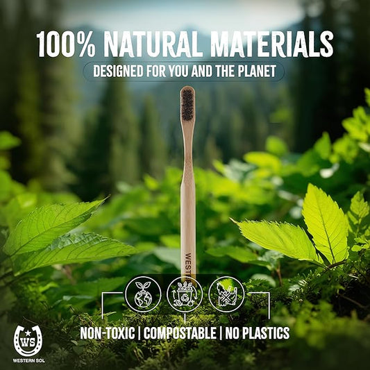Western SOL Horse Bristle Bamboo Toothbrushes (4-Pack) – Plastic-Free, Biodegradable, Eco-Friendly Toothbrush Set – No Chemicals