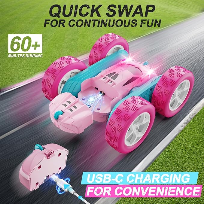 RC Cars, Pink Remote Control Car for Girls, 2.4 GHZ Double Sided RC Stunt Car 360° Rotating Remote Control Crawler with Headlights Car Toys for 6 7 8 9 10 11 12 Girls Birthday Gift Grandkids