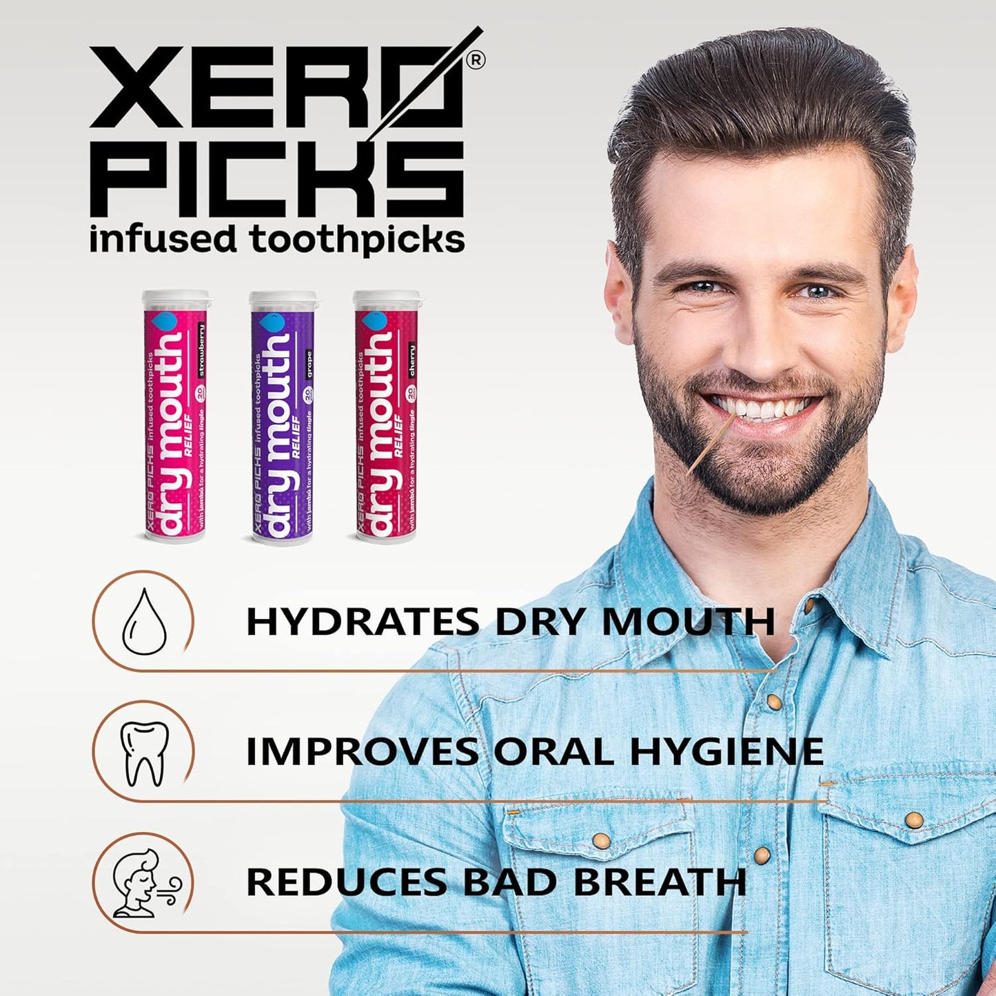 Xero Picks Dry Mouth - Flavor Infused Toothpicks for Long-Lasting Fresh Breath and Dry Mouth Prevention - 60 Picks - 3 Pack - Fruit Variety - Strawberry, Cherry, Grape