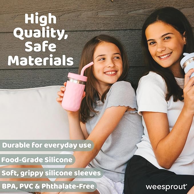 WeeSprout 2-in-1 Drinking Cups for Kids, Durable Stainless Steel Tumbler for Smoothies, Silicone Straws with Stoppers, Premium Plastic Twist Lids, Easy-Grip Sleeves, Set of 4 Dishwasher Safe Kid Cups
