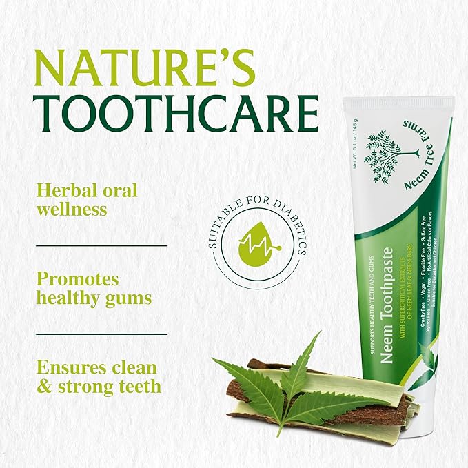 Neem Fluoride Free Toothpaste - Adult and Children Friendly - 100% Vegan Natural Toothpaste, Gluten Free, No Artificial Ingredients - Supports Daily Gum Care - with Clove & Stevia (4 Pack)