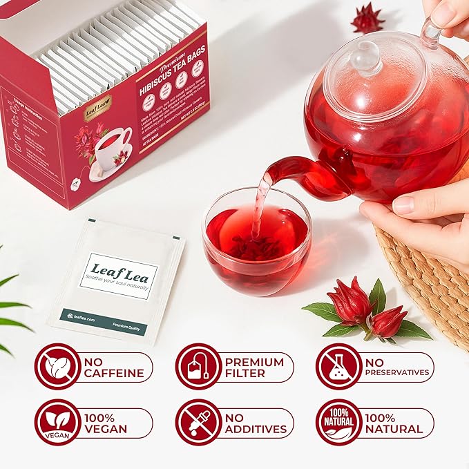 LeafLea Hibiscus Tea Bags – 160 Count, Individually Wrapped, 100% Natural Hibiscus Flower Herbal Tea, Caffeine-Free, Sugar-Free, Gluten-Free, Non-GMO, Te de Hibisco, Jamaica Tea, (Pack of 4)
