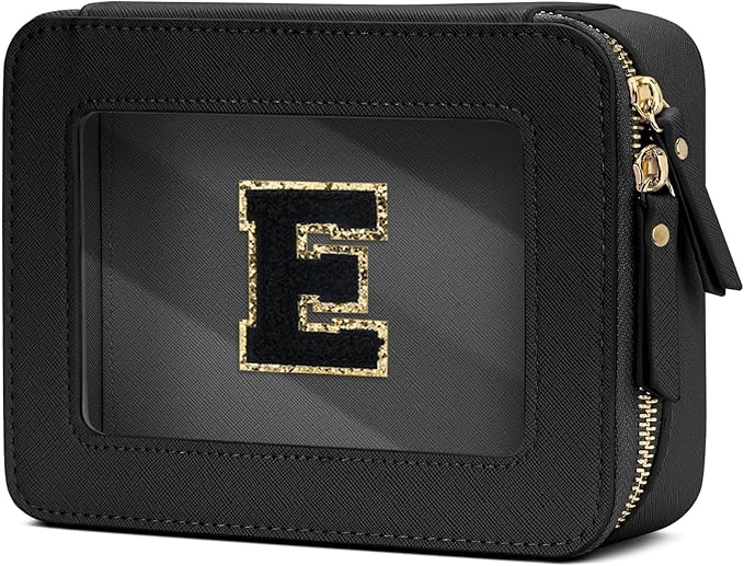 Initial Travel Toiletry Bag - Cosmetic Bags for Girls with Zipper, Clear & Potable Makeup Bag for Travel, Cosmetic Pouch Perfect Gifts for Graduation (Black, E)