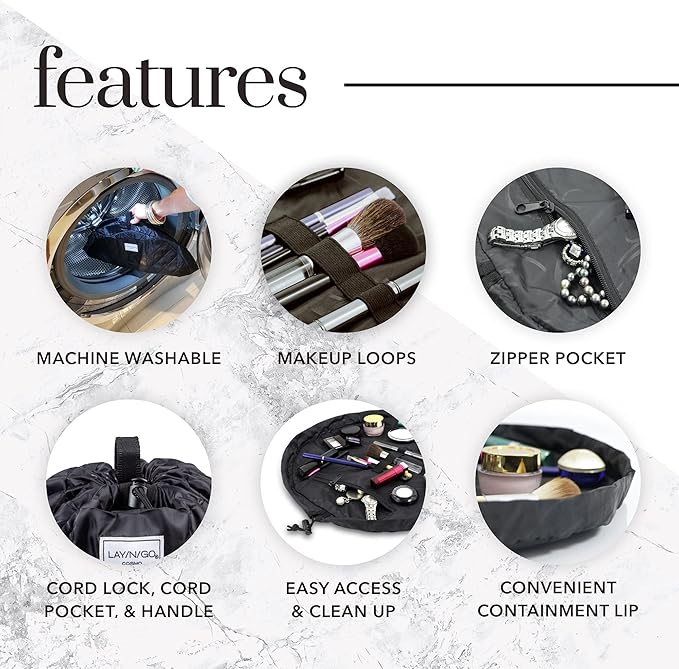 Lay-n-Go Cosmo Layflat Drawstring Cosmetic & Makeup Bag Organizer w/Zipper Pocket, Brush Loops & More, Cinch to Close, Lay Flat to Use, Durable, Machine Wash, Travel Toiletry Bag (20", Ocean Blue)