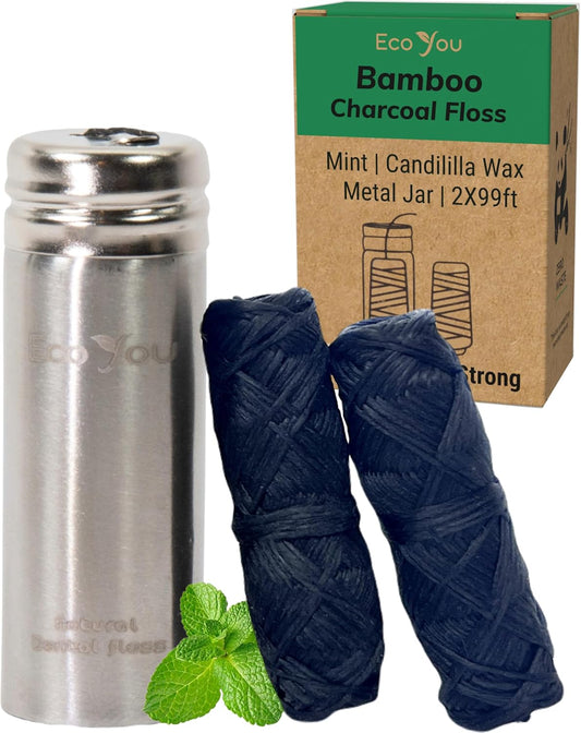 Charcoal Bamboo Floss | 2 Non Toxic Natural Floss Refill with Metal Container | Organic Mint & Candelilla Wax | Vegan & Biodegradable | Compatible w/Similar Dental Floss Silk Refill Containers