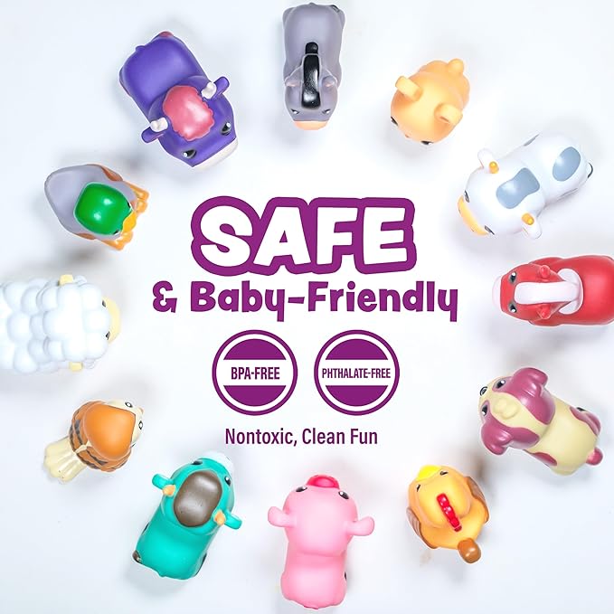 Tub Works® Barnyard™ Mold Free Bath Toys, 12 Pack | Sealed, No Hole Bath Toys Design Keeps Moisture Out | Soft, Squeezable & Float on Water | Farm Animals Baby & Toddler Bathtub Toys | Baby Pool Toys