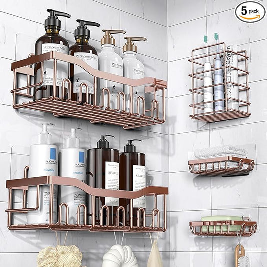 EUDELE 5-Pack Rustproof Stainless Steel Shower Caddy – No Drill Adhesive Bathroom Organizer with Large Capacity, Spacious Shower Shelves for Inside Shower, Kitchen & Home Decor Storage-XL Size