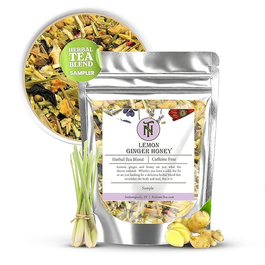 Nelson's Tea Lemon Ginger Honey - Cut & Sifted, Caffeine Free Herbal Loose Leaf Tea with Echinacea, Lemongrass, Bee Pollen, Marshmallow Root, Coriander, Hibiscus and Oat Straw Loose Leaf Tea (Sample 0.3 Oz)