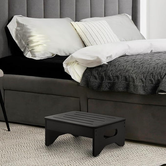 Wooden Step Stool for Adults & Kids, Non-Slip Rubber Feet, 6.5 Inch High, Lightweight Small Step, 400 Lbs Capacity, Bed Step Stool for High Bed, Bathroom & Kitchen, Black