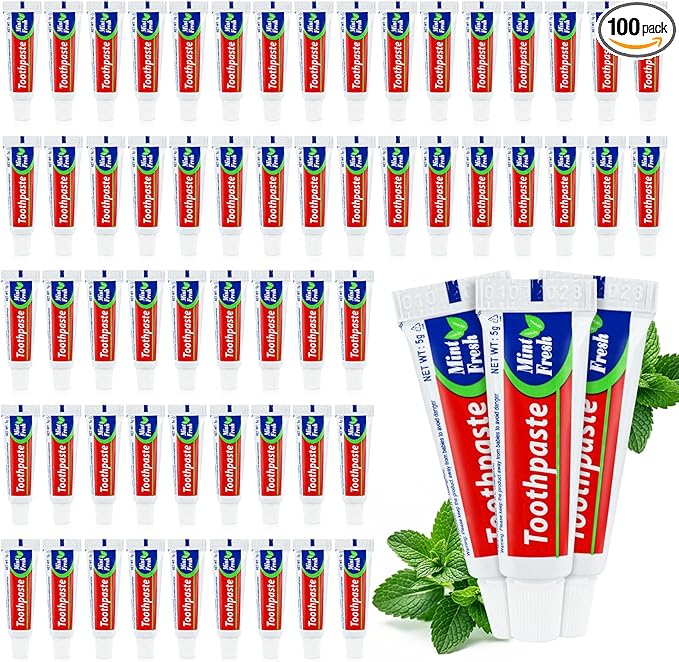 100 Tubes Bulk Travel Size Mini Toothpaste, 0.176oz Disposable Mint Flavor Pocket Teeth Paste Small Essential Toothpaste for Travel, Home/Hotel/Guests/Charity/Homeless/Camping Oral Care (Single Use)