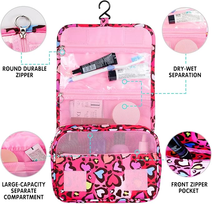 Kids Hanging Toiletry Bag for Girls, Travel Toiletry Bag for Little Young Girls Cosmetic Makeup Waterproof Wash Bag Toddler Traveling Toiletries, Leopard Red