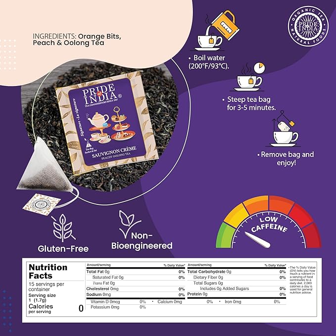 Pride of India | PACK of 6 - Sauvignon Crème Peachy Oolong Tea | 15 Pyramid Full Leaf Individually Wrapped Tea Bags | Fruity, Creamy & Citrusy Taste | Refreshing & Relaxing Experience | Caffeine