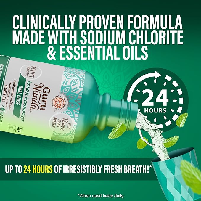 GuruNanda Fresh Breath Mouthwash, ADA-Accepted, Alcohol & Fluoride-Free, Sodium Chlorite, Essential Oils & Vitamins, 12-Hrs Fresh Breath, Wild Mint, 3 oz (Pack of 2)