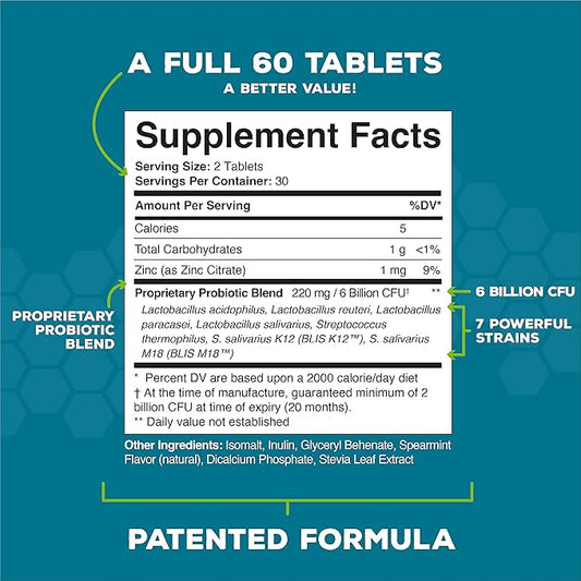 Oral Probiotics for Mouth Bad Breath Treatment for Adults: Dentist Formulated BLIS K12 M18 Advanced Oral Probiotics for Teeth and Gums, 60 Chewable Oral Health Probiotics Supplement Tablets (Mint 2pk)