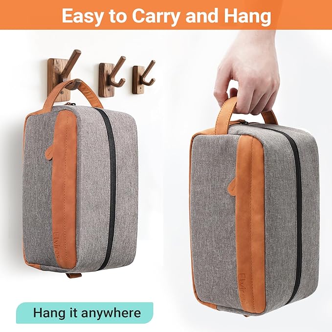 Elviros Travel Toiletry Bag for Men Hanging Dopp Kit Water Repellent PU Leather Shaving Bag with Large Capacity for Travel and Bathroom, Grey