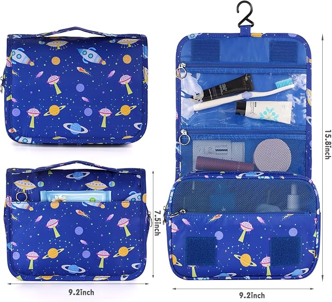 Kids Hanging Toiletry Bag for Boys, Travel Toiletry Bag for Little Young Boys Waterproof Wash Bag Toddler Traveling Toiletries, Space Blue
