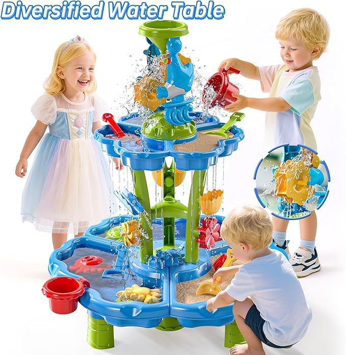 Water Table for Toddlers 1-3 & Kids 3-5 Outdoor Splash Pond & Sand Play Set with 3-Tier Water Table Rain Showers & Sensory Playset Activities – Summer Toys Birthday Gift for 3 4 5 6+ Years Old
