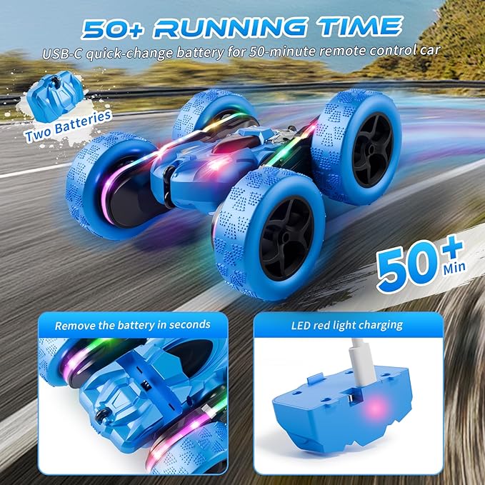 Remote Control Stunt Car 4WD 360° Flip Double‑Sided RC Cars, LED Light Bar, USB‑C Modular Battery, 2.4 GHz Outdoor Beach Toy for Boys 6‑12 Years Old, Birthday & Christmas Kids Gift, Blue
