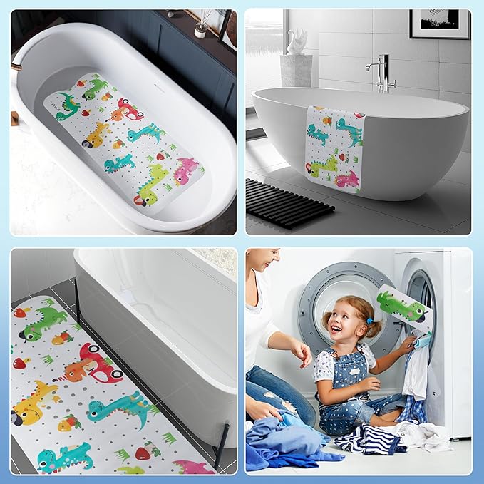 Bath Mat for Tub Non Slip Kids Bathtub Mat Extra Long 40X16 Inch Anti Slip Bathroom Toddler Shower Mat Baby Tub Mat with Suction Cups & Drain Holes (Dinos)