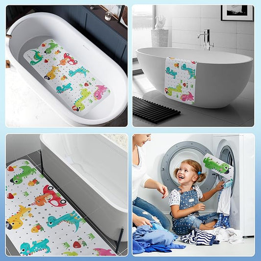 Bath Mat for Tub Non Slip Kids Bathtub Mat Extra Long 40X16 Inch Anti Slip Bathroom Toddler Shower Mat Baby Tub Mat with Suction Cups & Drain Holes (Dinos)