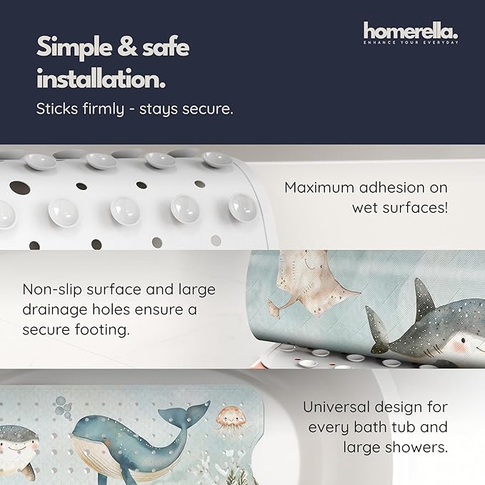 Homerella Baby Bath Tub Mat | Anti Mold Mildew Resistant Non Slip Kids and Adult Bath Tub Shower Mats | 40x16 inch Long with Suction Cups for Secure Grip Hooks for Storage & Drying | Machine Washable
