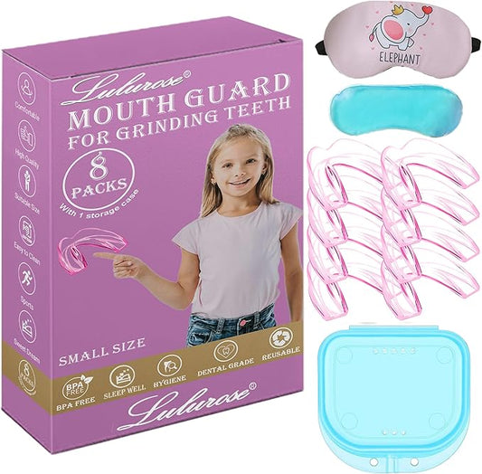 Kids Mouth Guard for Grinding Teeth, 8 Pack Moldable Night Guards Pink for Clenching Teeth | Comfortable Nighttime Protection Guard | Including Hygiene Case & Gel Ice Pack