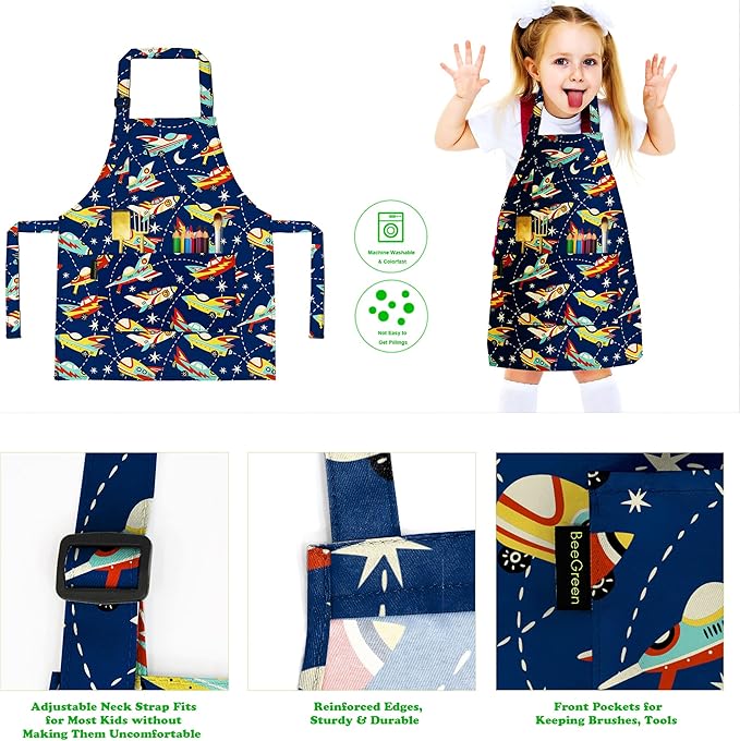 BeeGreen Kids Cooking Aprons w Adjustable Strap Kitchen Aprons w Front Pocket for Kids Toddler Painting Baking Artist