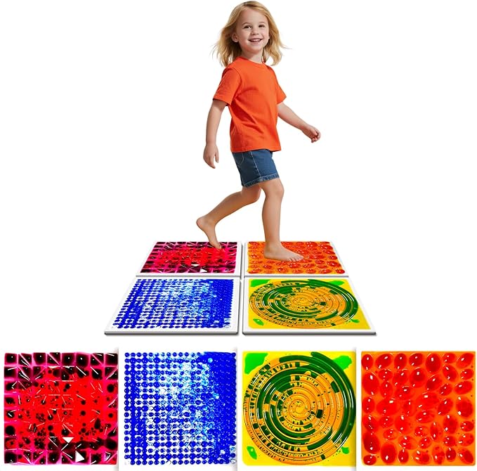 Liquid Sensory Floor Tiles for Kids Ages 3+, 12" Textured Step-On Tiles with Non-Slip Base, Interactive Color-Flow, Assorted Colors, Sensory Path Starter Set (4-Pack)