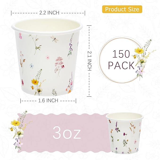 Crisky 150 Pack Paper Bathroom Cups 3oz Disposable, Elegant Design Floral Small Mouthwash Cups, Hot/Cold Beverage Coffee, Dessert for Birthday Parties, Home-use, Picnics, Ceremonies Any Events