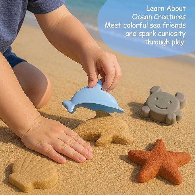 Baby Beach Toys for Toddlers 1-3, Collapsible Silicone Beach Bucket Shovel Set with 6 Sand Molds, Toddler Sand Toys for Kids, Boys, Girls, Travel (Blue)