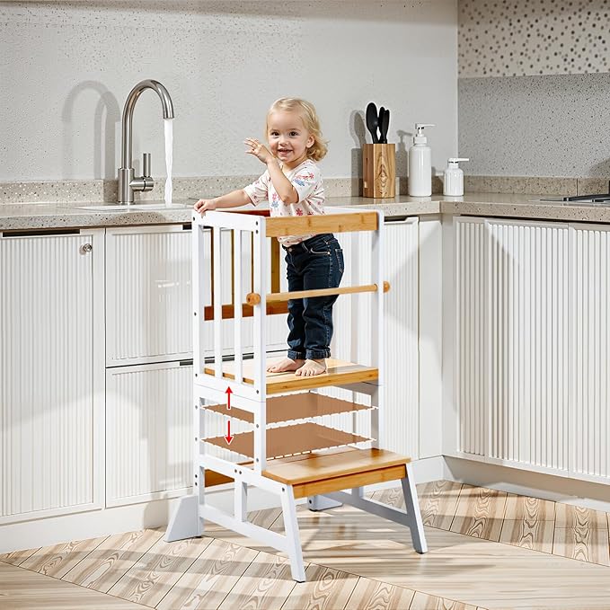 COSYLAND Toddler Standing Tower - Adjustable Height Toddler Kitchen Stool Helper - Kids Kitchen Step Stool for Learning with Removable Safety Railing White & Natural
