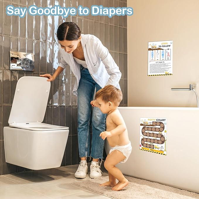 Potty Training Chart, 10 Potty Training Reward Chart for Toilet Success, 8"x10" Construction Routine Calendar with Stickers for Toddler Boys - A02