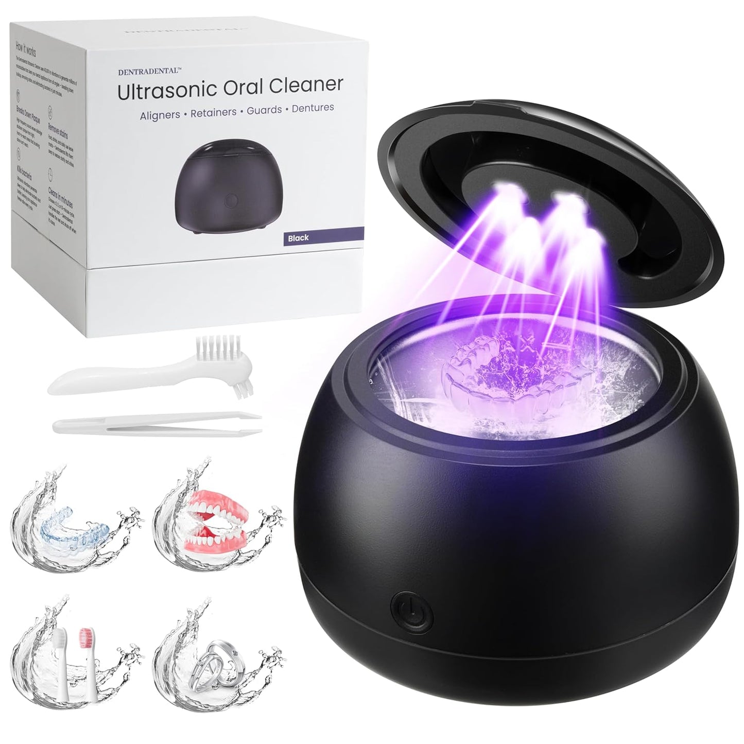 45KHz Ultrasonic Retainer Cleaner Machine, 230ML UV Cleaner for Retainer, Denture, Mouth Guard, Aligner, Braces, Toothbrush & Jewelry | 3 Digital Timer Modes | Black