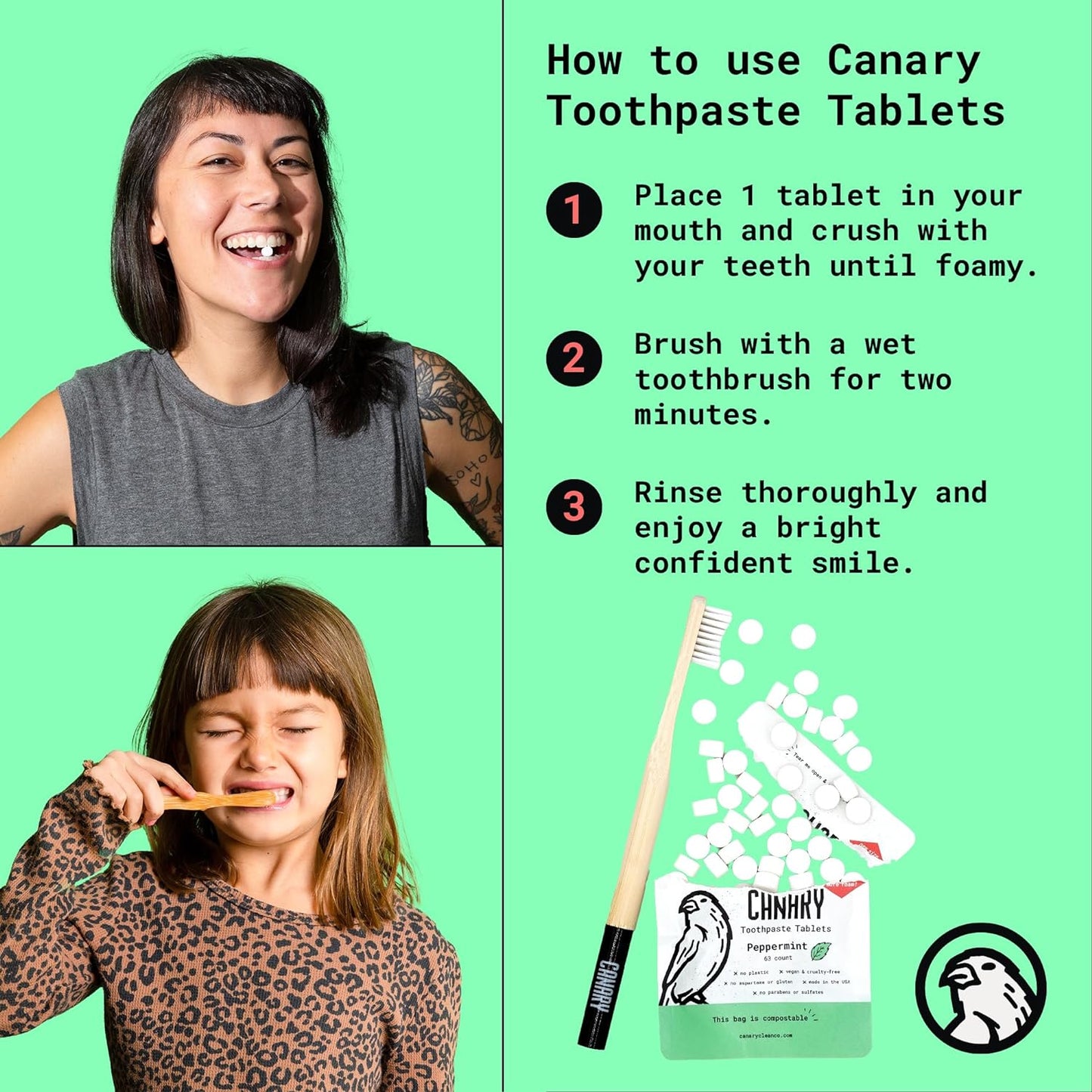 Canary Nano Hydroxyapatite Toothpaste Tablets Watermelon - Remineralizing, Fluoride Free, All Natural Tabs with Xylitol - Great for Kids, Plastic Free - 240 Count