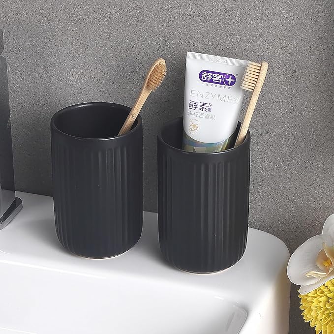 Matte Black Toothbrush Holders for Bathrooms - Black Ceramic Bathroom Tumbler Cups Reusable Toothbrush Cup Black Mouthwash Cup, 2 Cups Toothbrush Toothpaste Holders Set, Bathroom Counter Organizer