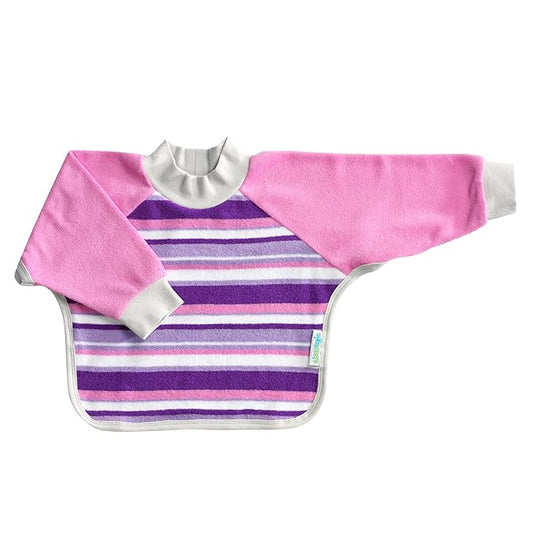 Kiddologic Bibit-all Baby Feeding Bib, Long Sleeves, Ribbed Cuffs and High Collar, Stretchy Pullover Smock, Soft Absorbent Terry, Waterproof Lining, Infant Girl 6-12 Months, Wild Orchid (Pink) Stripe