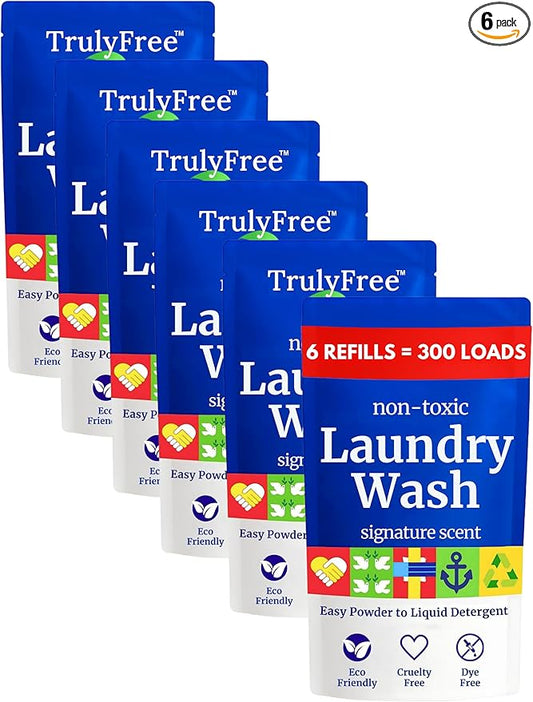 Truly Free Natural Laundry Detergent for Sensitive Skin | Eco Friendly, Plant Based, Baby Clothes Safe | Clean & Easy Powder to Liquid, 6 Pack Refill Detergent, NO Jug | Signature Scent, 300 Loads
