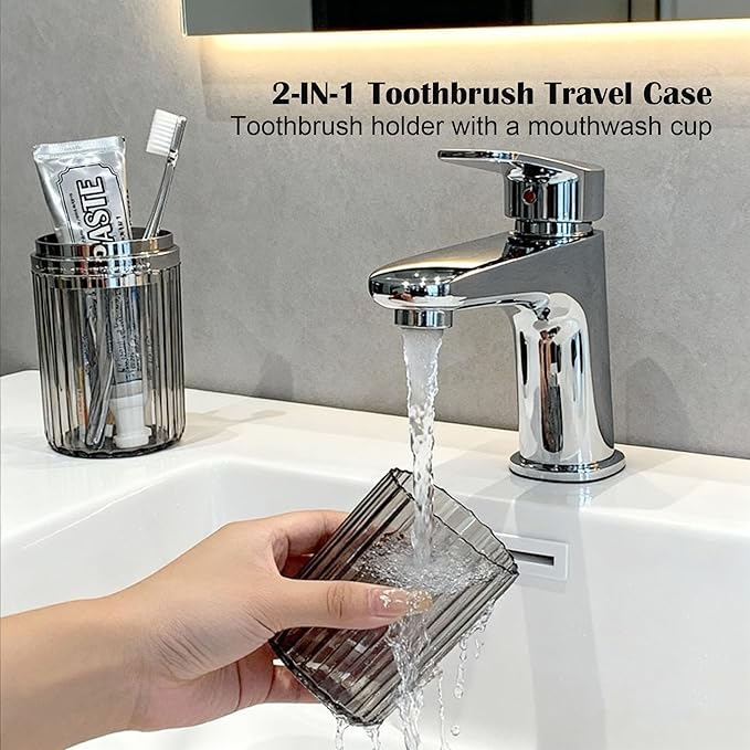 Toothbrush Travel Case, 2-in-1 Multifunction Dustproof Portable Toothbrush Cup & Toothpaste Storage Container, Toothbrush Case for Traveling Bathroom Camping Business Trip School (Grey)