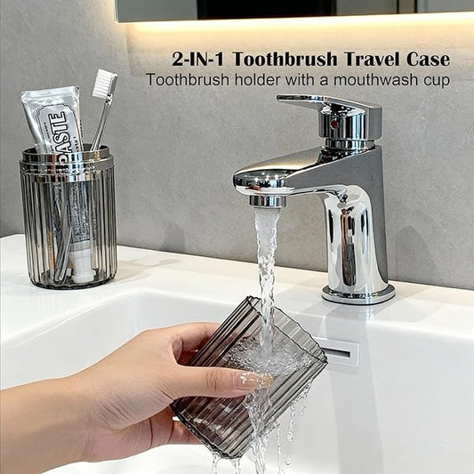 Toothbrush Travel Case, 2-in-1 Multifunction Dustproof Portable Toothbrush Cup & Toothpaste Storage Container, Toothbrush Case for Traveling Bathroom Camping Business Trip School (Grey)