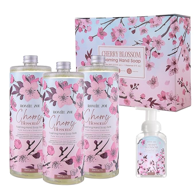 ROMIIE ZOI Cherry Blossom Foaming Hand Soap Refill Gift Set – 3 Pack*33.8 Fl Oz with Refillable Dispenser, Refreshing Floral Scent, Moisturizing & Chemical-Free for Bathroom, Kitchen, Sensitive Skin