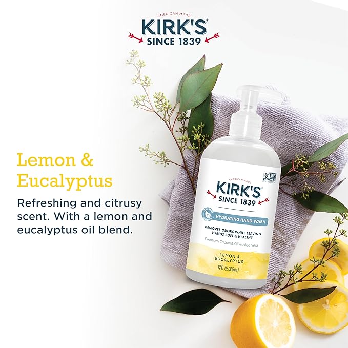 Kirk's Odor-Neutralizing Clean Hand Soap Castile Liquid Soap Pump Bottle | Moisturizing & Hydrating Kitchen Hand Wash | Lemon & Eucalyptus Scent | 12 Fl Oz. Bottle