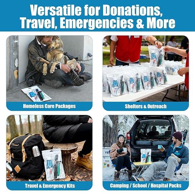 50 Pack Hygiene Kits for Homeless in Bulk, 8-in-1 Personal Toiletry Kit Individually Packed with Toothbrush, Toothpaste, Comb, Flossers,Shampoo, Soap, Razor & Shaving Cream
