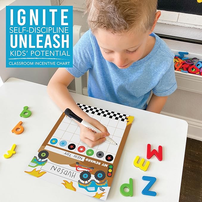 Sticker Chart for Kids Behavior at Home & Classroom - 25 Reward Chart for Kids Incentives, Gold Star Sticker Sheets, Monster Truck Incentive Charts for Classroom Must Haves