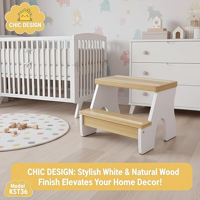 KST36 Wooden Step Stool - 250LBS Load, Non - Slip Water - Resistant Foot Stool for All Ages, Bathroom & Kitchen (White & Natural Wood, Two Step)